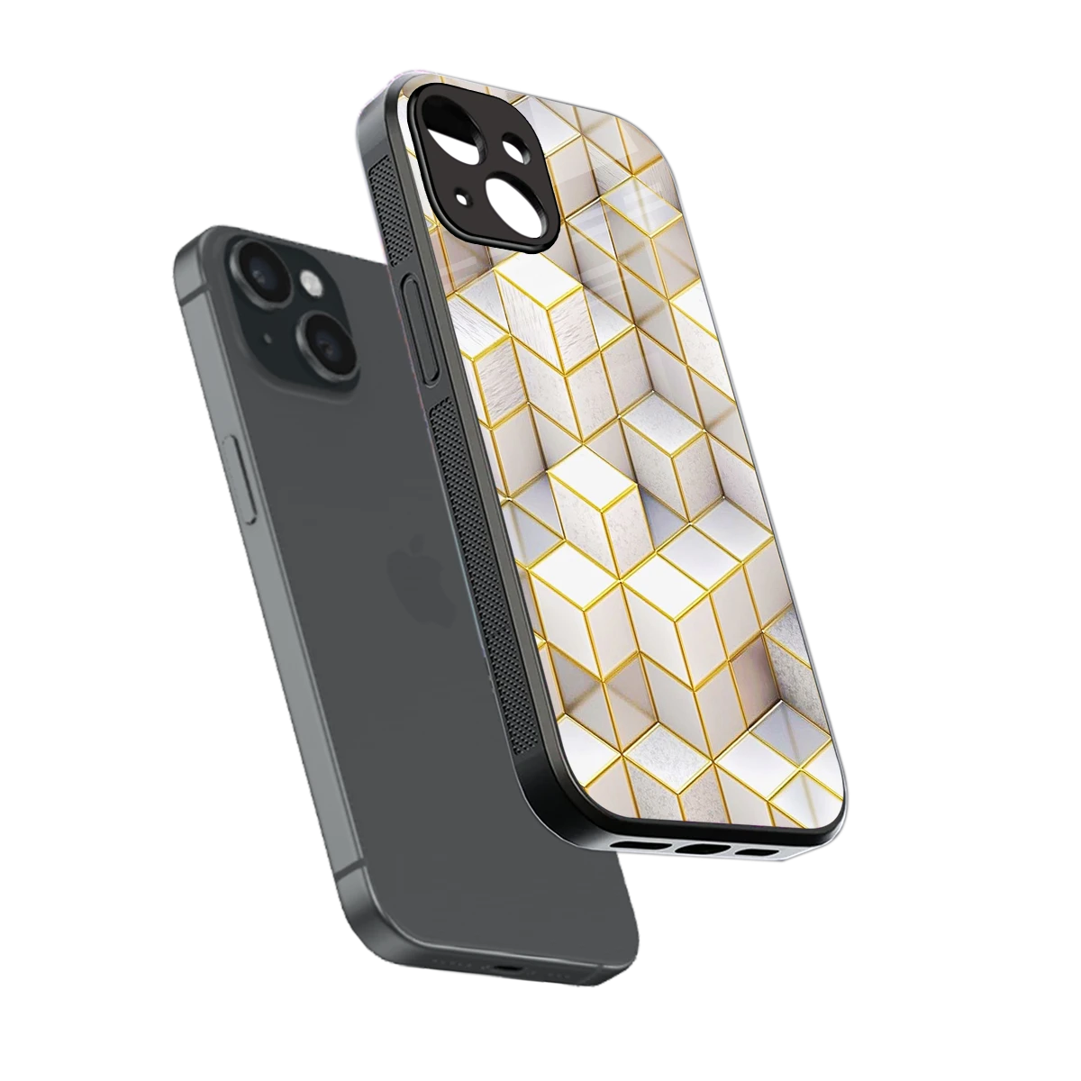 Golden Geometry sleek iphone 14 cover with tempered glass back and TPU edges
