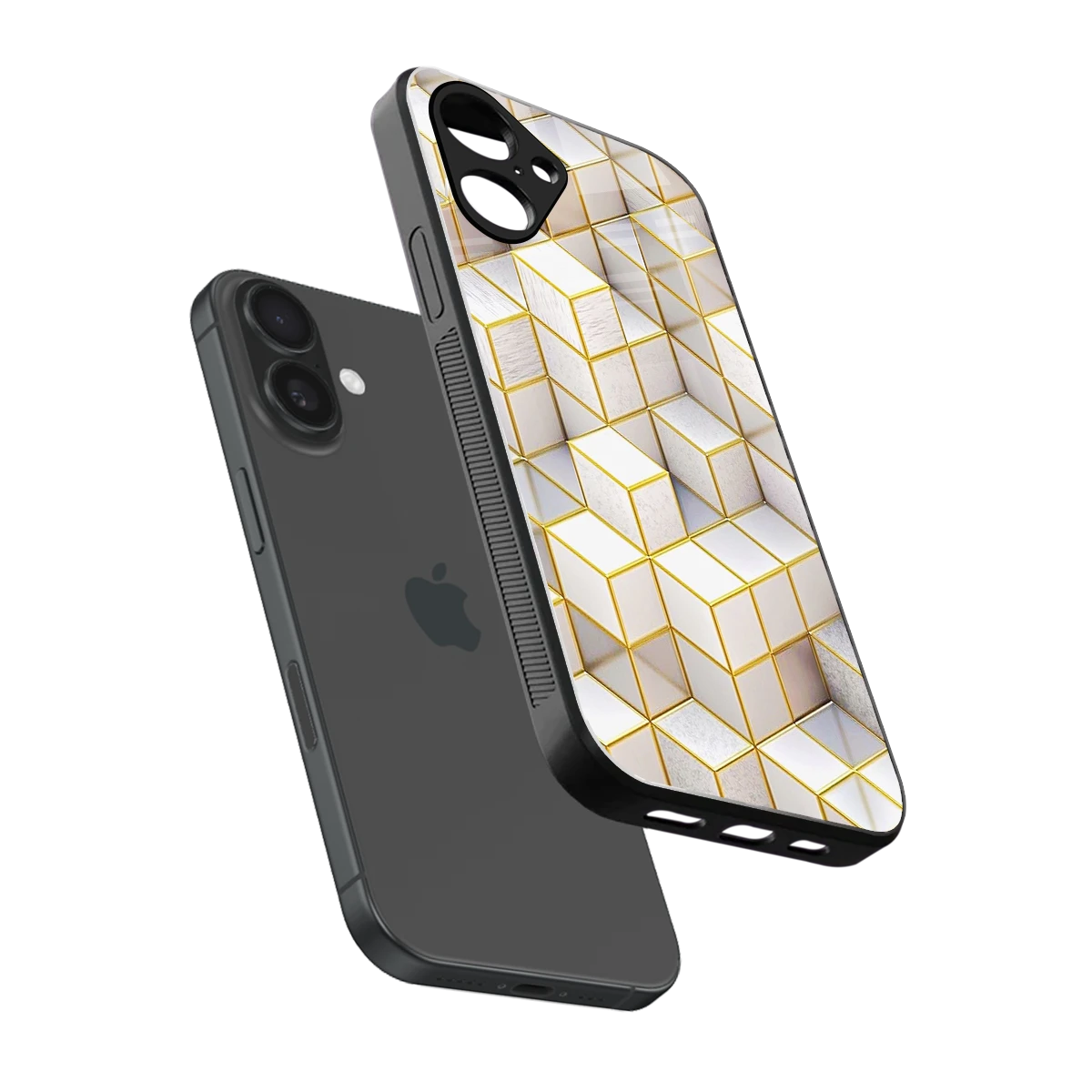 Golden Geometry sleek iPhone 16 cover with tempered glass back and TPU edges