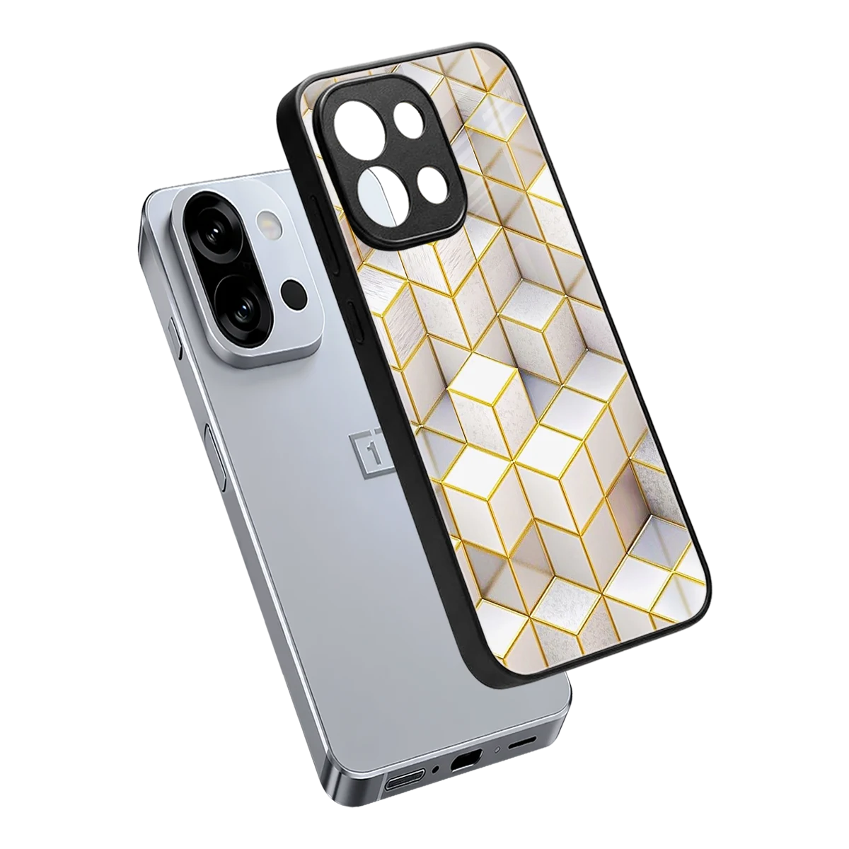 Golden Geometry sleek oneplus 13s cover with tempered glass back and TPU edges