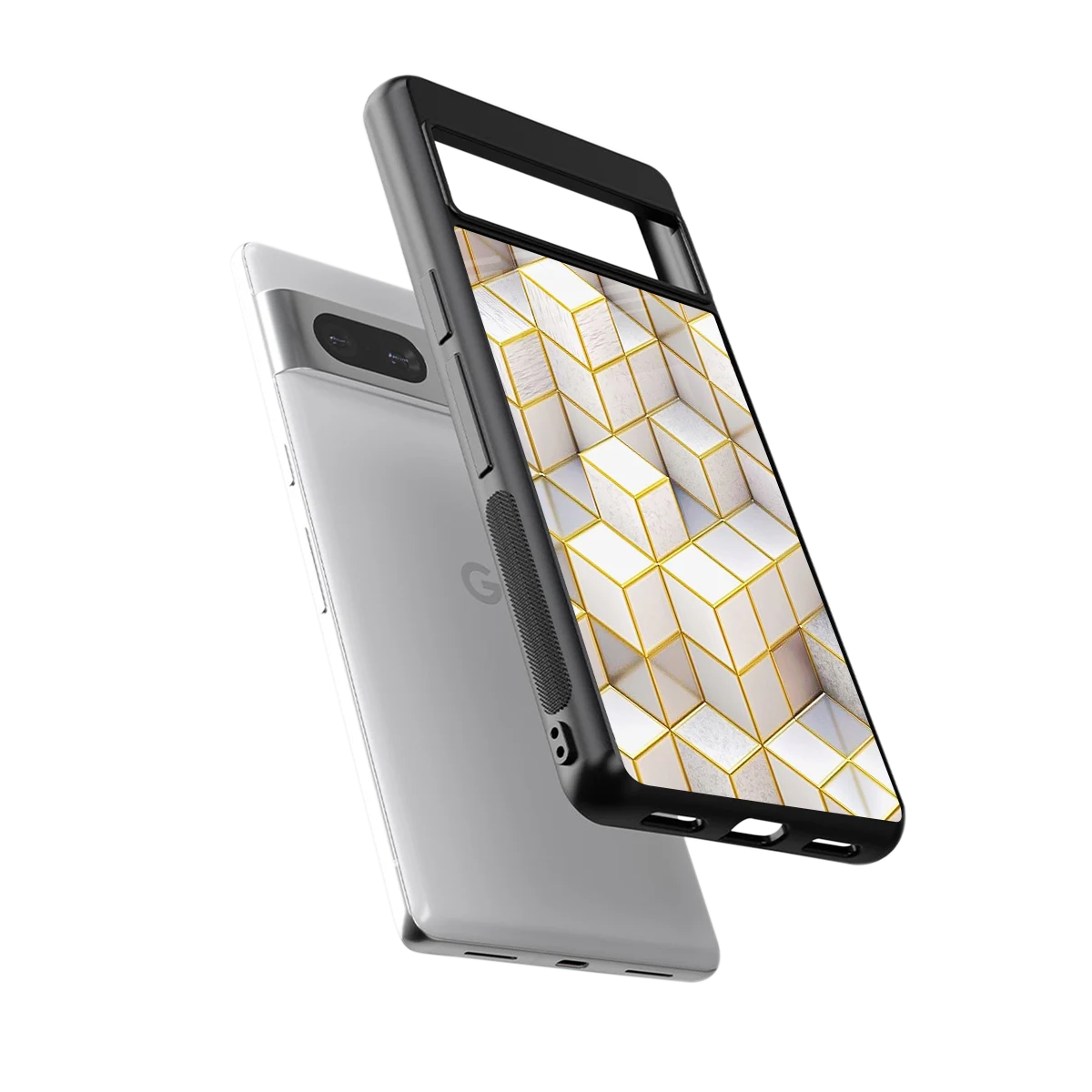Golden Geometry sleek google pixel 7a cover with tempered glass back and TPU edges