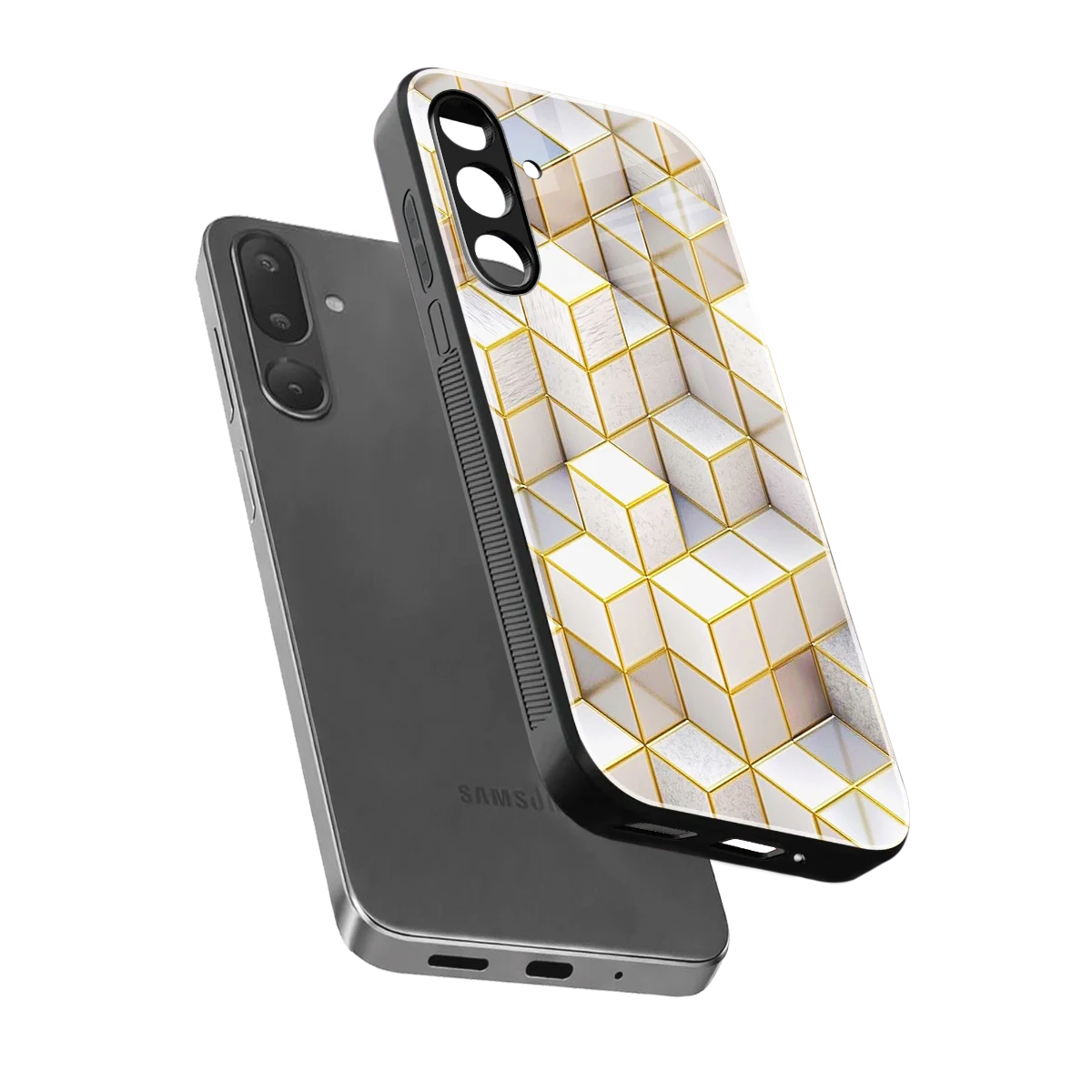Golden Geometry sleek samsung galaxy m36 5g cover with tempered glass back and TPU edges