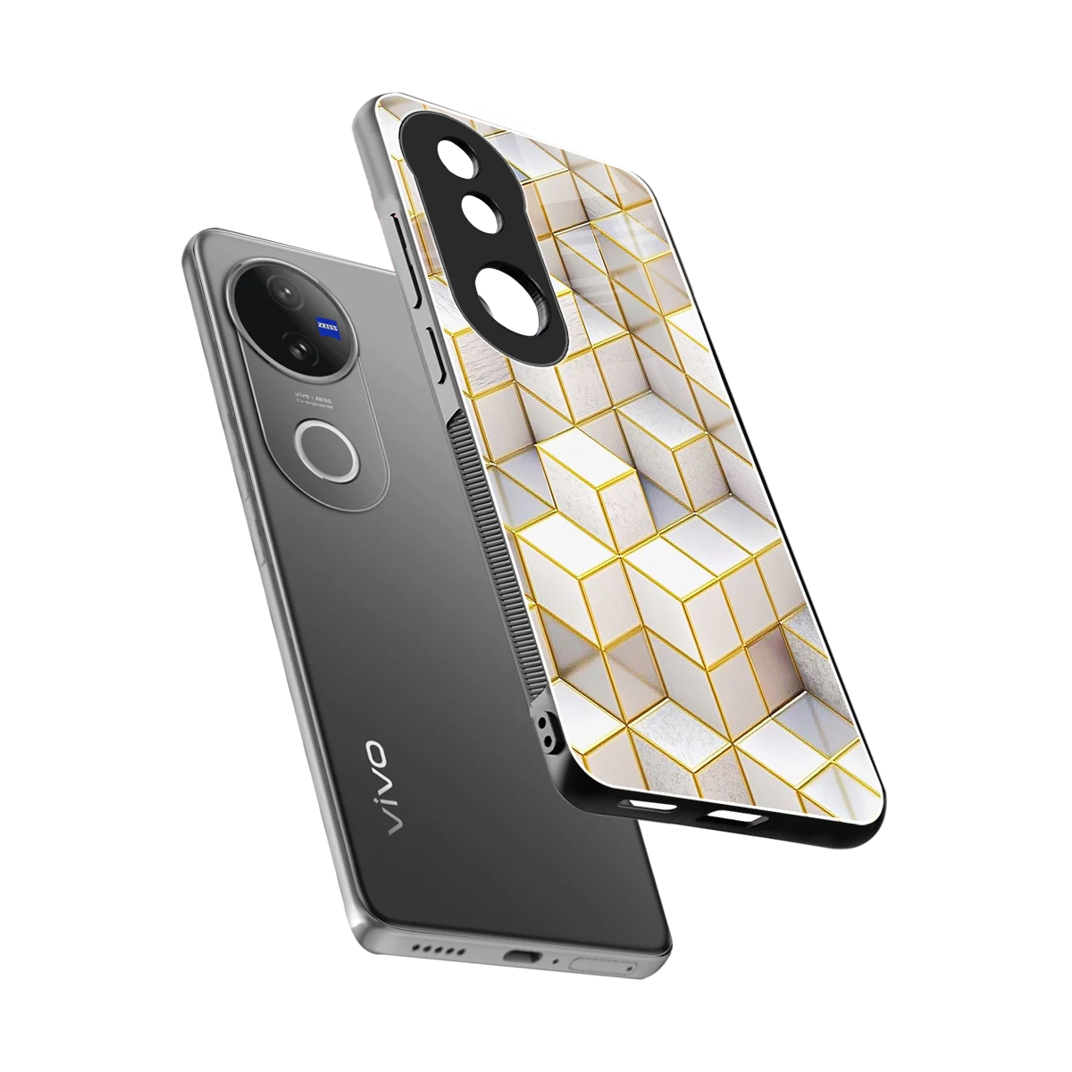 Golden Geometry sleek vivo v50 cover with tempered glass back and TPU edges