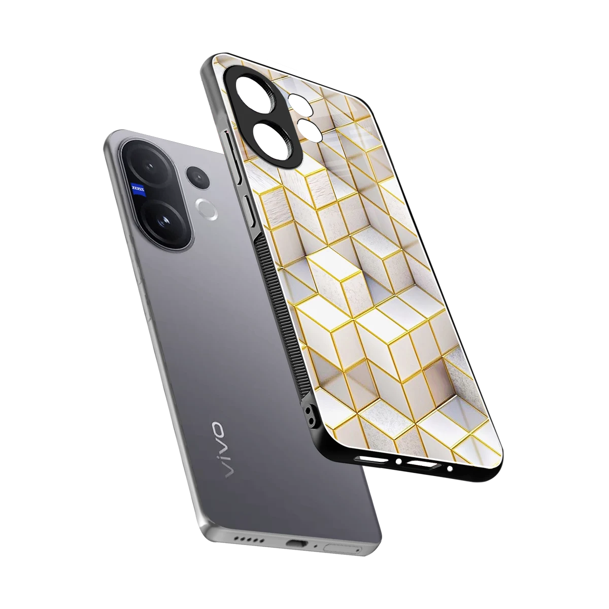 Golden Geometry sleek vivo v60 cover with tempered glass back and TPU edges