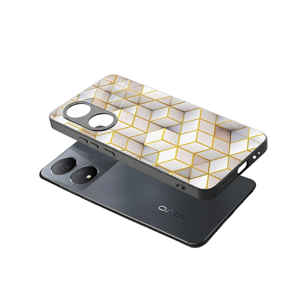 Golden Geometry sleek Vivo-y100 cover with tempered glass back and TPU edges