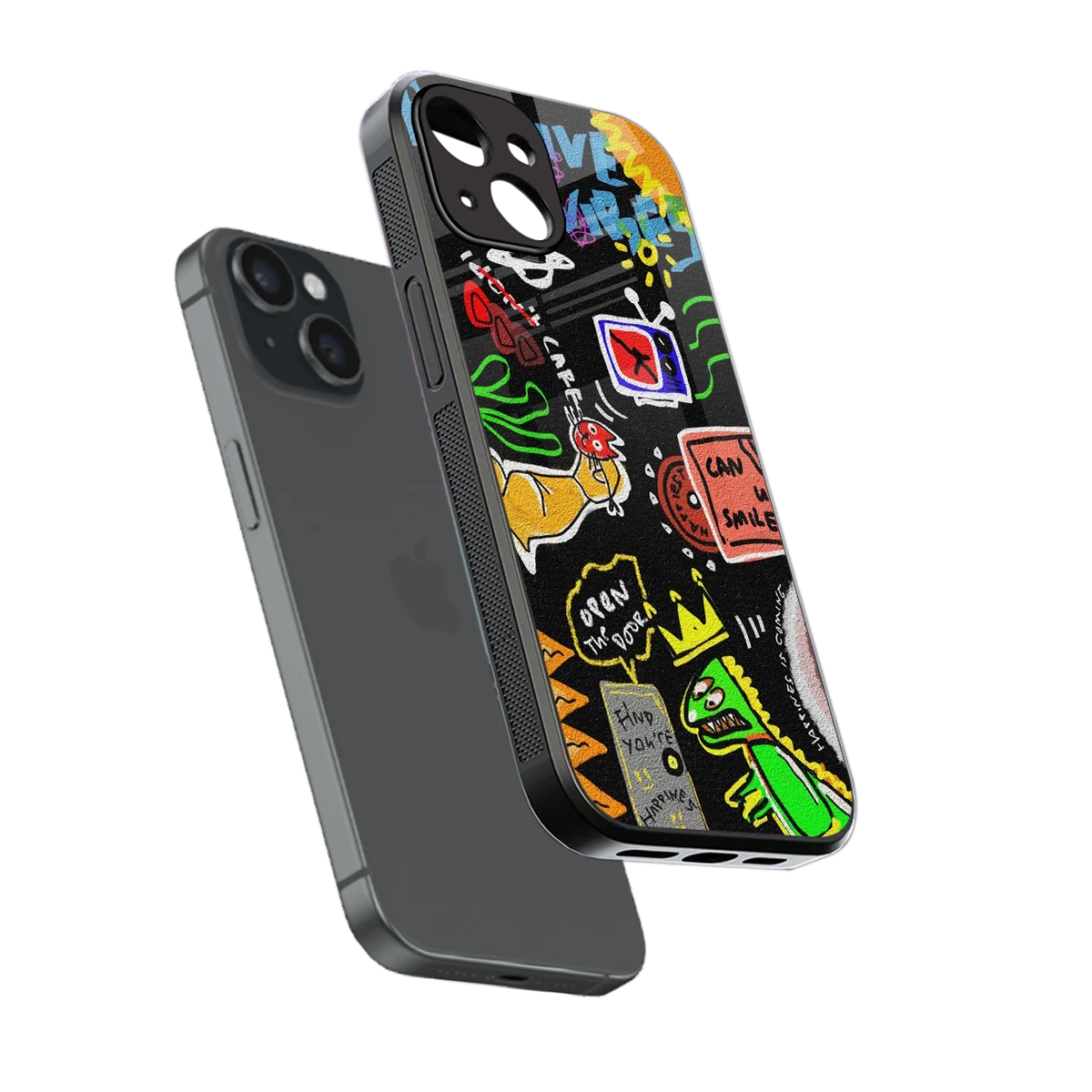 Graffiti sleek iphone 14 cover with tempered glass back and TPU edges