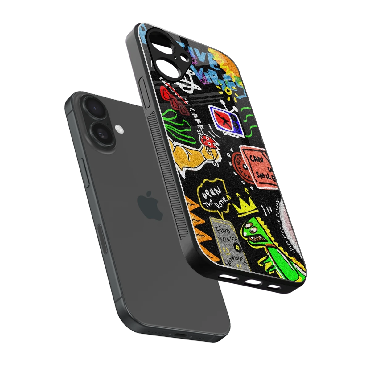 Graffiti sleek iPhone 16 cover with tempered glass back and TPU edges
