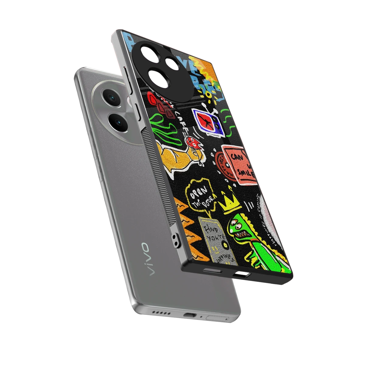 Graffiti sleek vivo v30e cover with tempered glass back and TPU edges