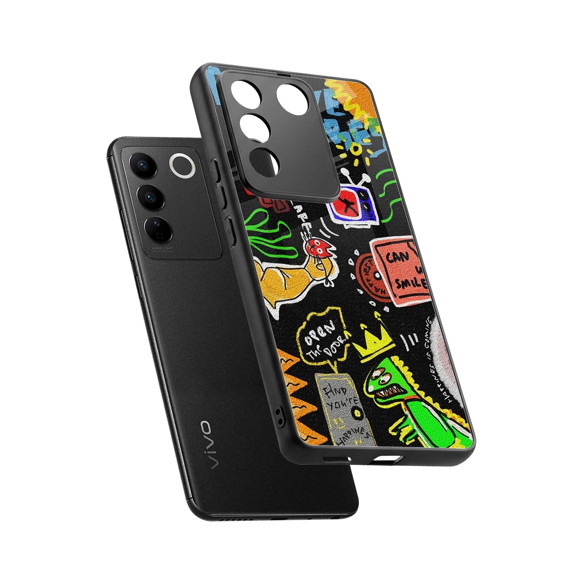 Graffiti sleek vivo v27 5g cover with tempered glass back and TPU edges