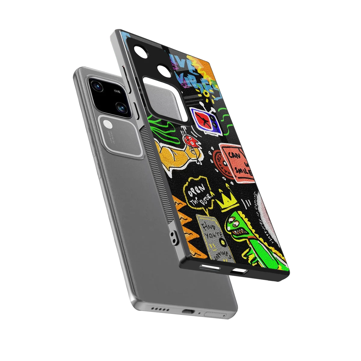 Graffiti sleek vivo v30 cover with tempered glass back and TPU edges