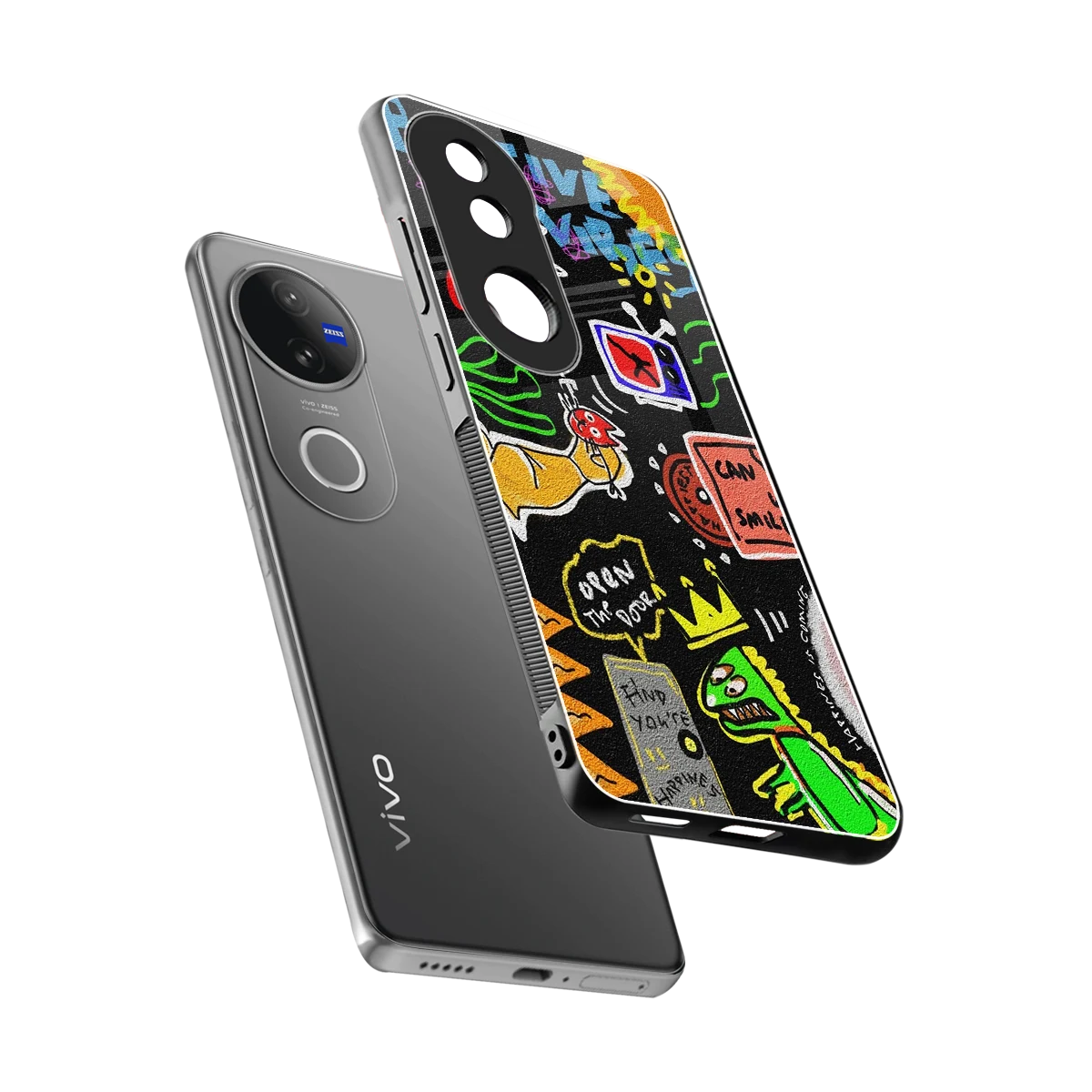 Graffiti sleek vivo v50 cover with tempered glass back and TPU edges