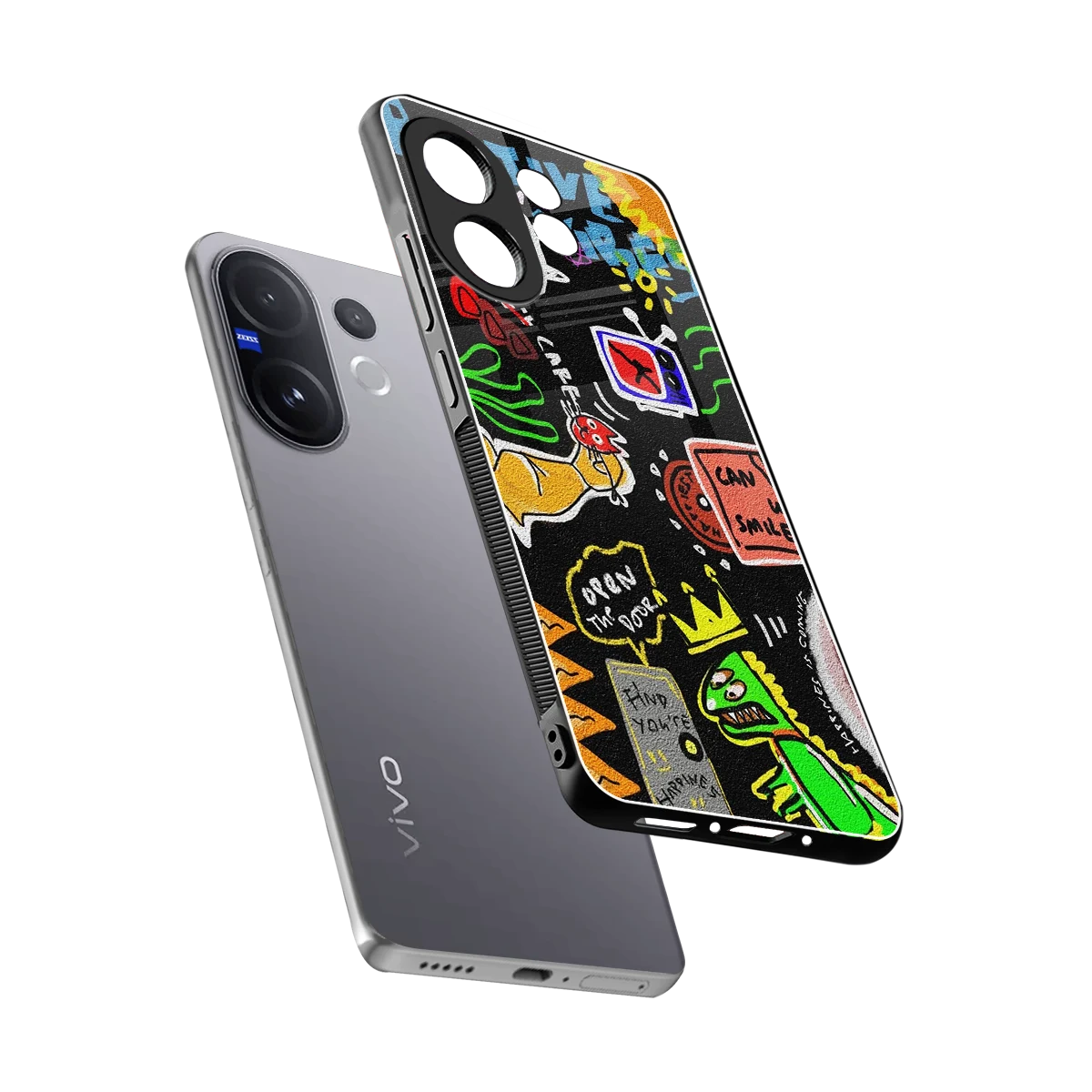 Graffiti sleek vivo v60 cover with tempered glass back and TPU edges