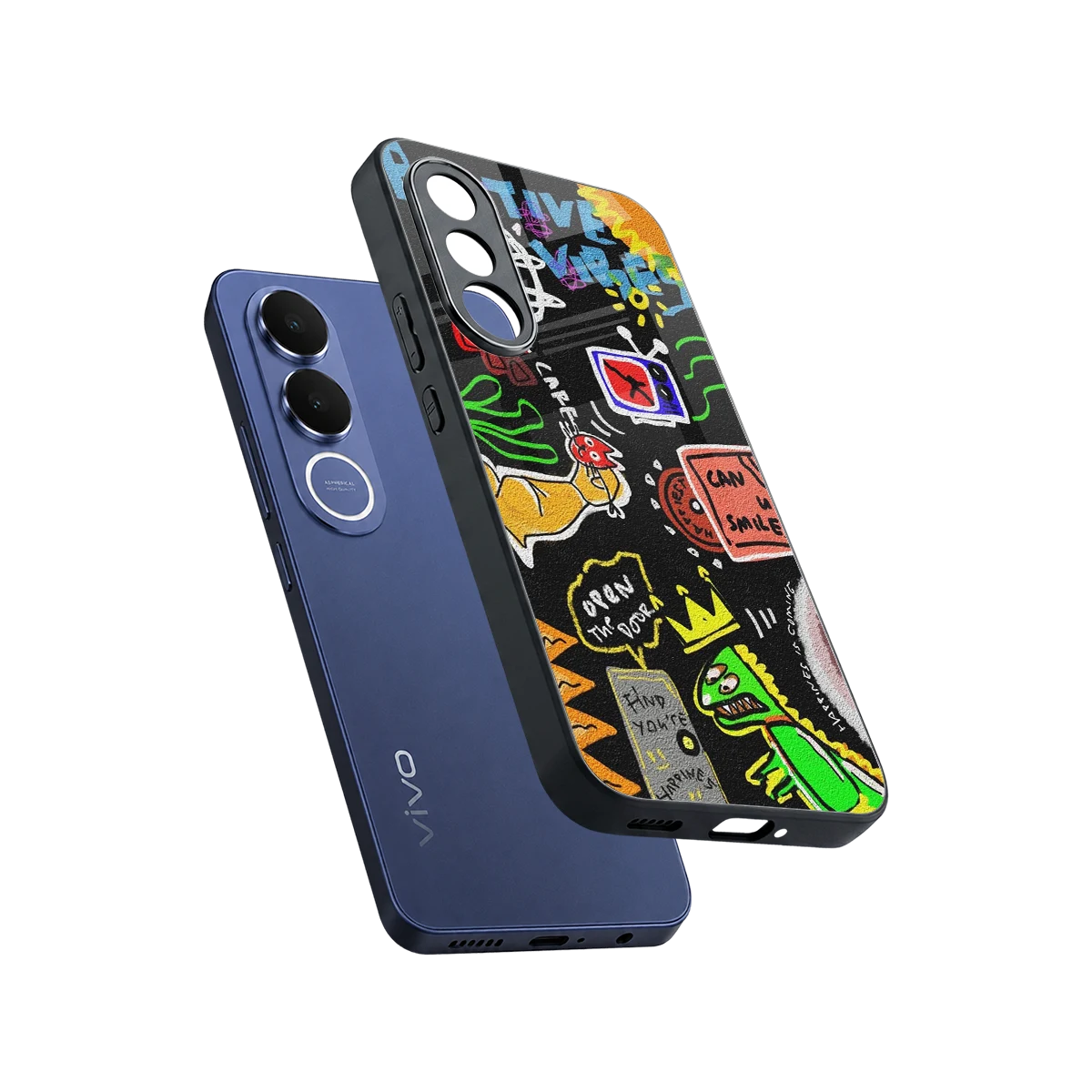 Graffiti sleek vivo v70 fe cover with tempered glass back and TPU edges