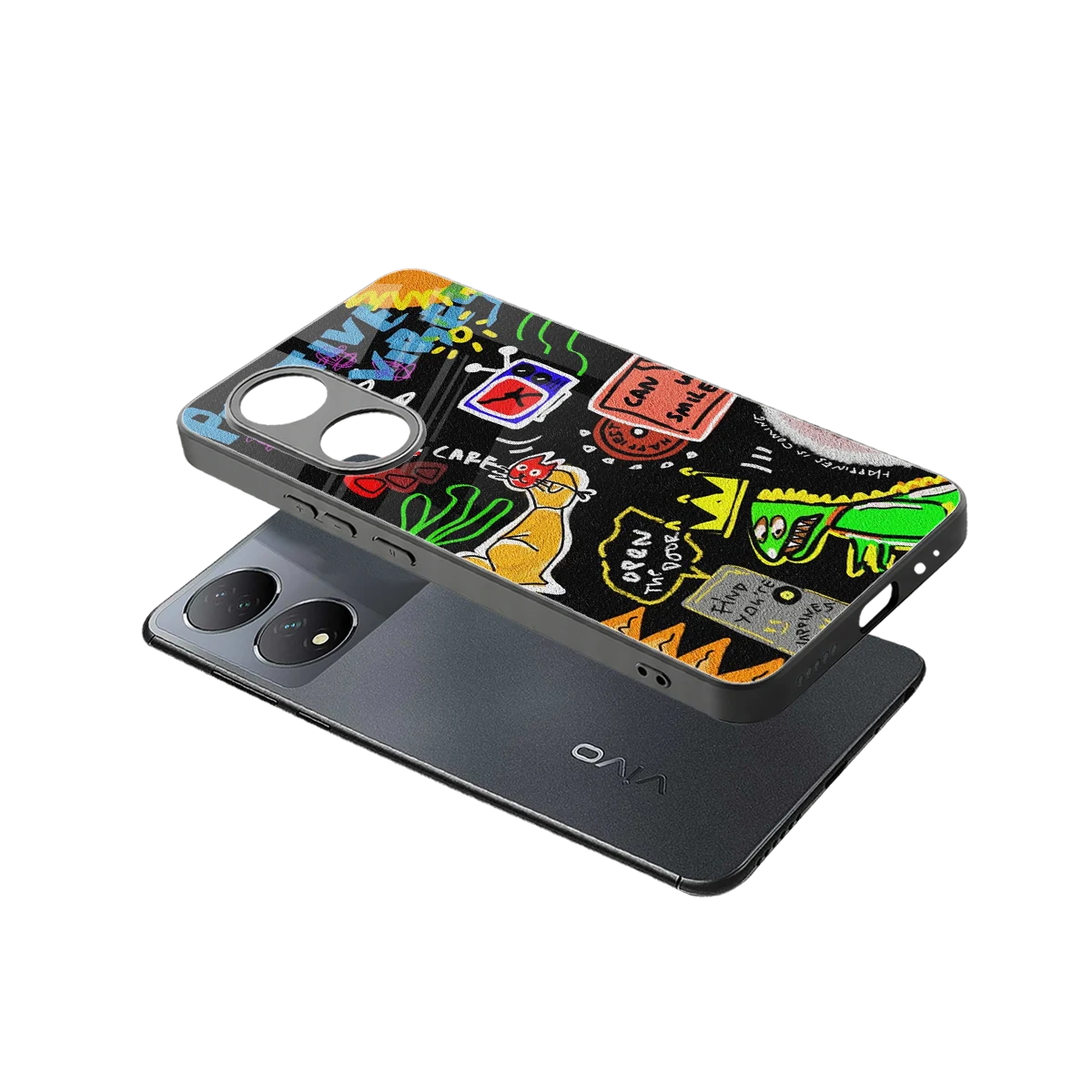 Graffiti sleek Vivo-y100 cover with tempered glass back and TPU edges