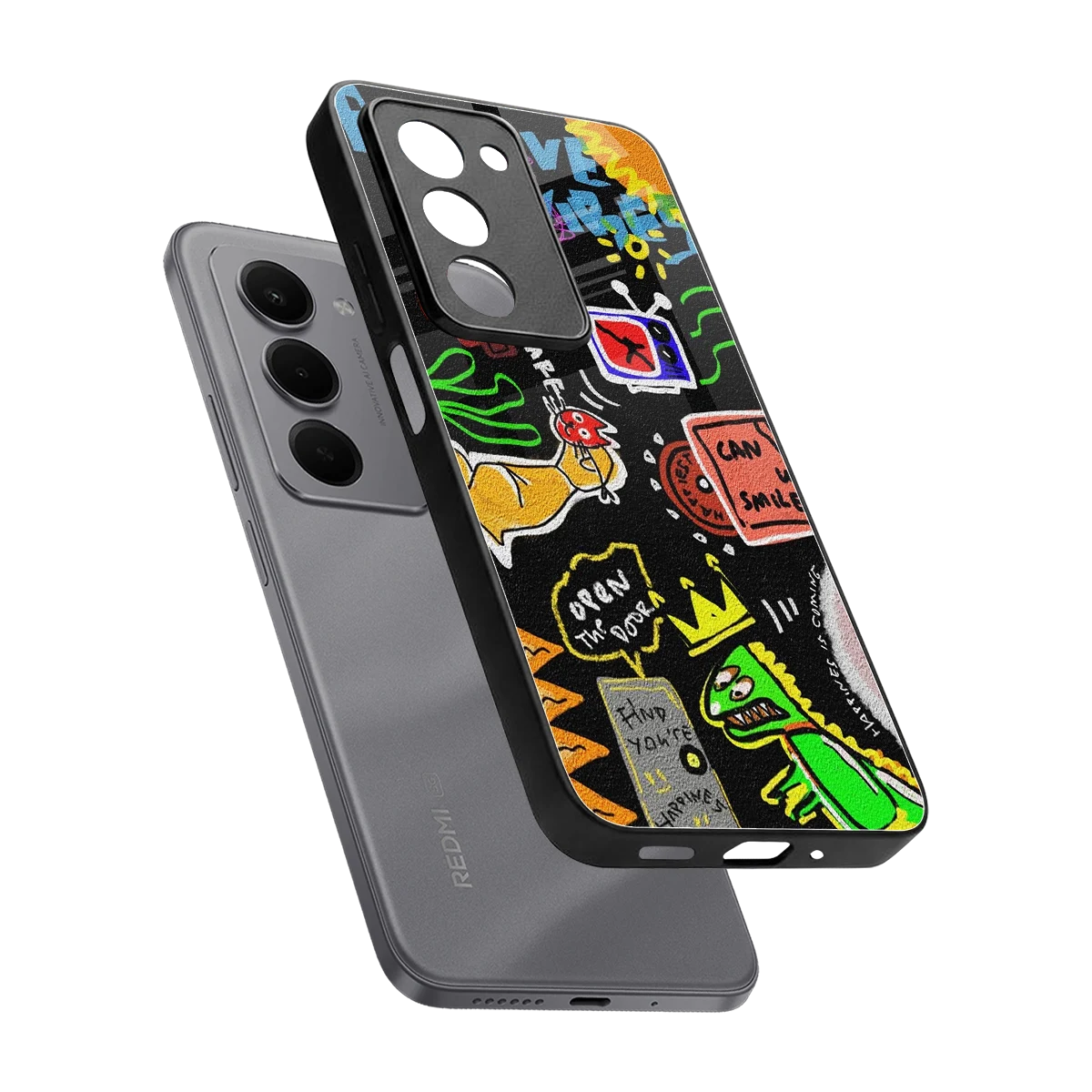Graffiti sleek redmi 15 5g cover with tempered glass back and TPU edges