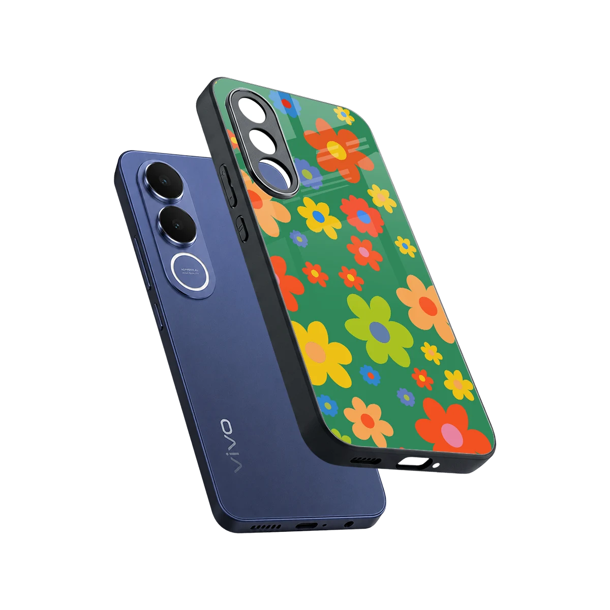 Greenery Blossom sleek vivo v70 fe cover with tempered glass back and TPU edges