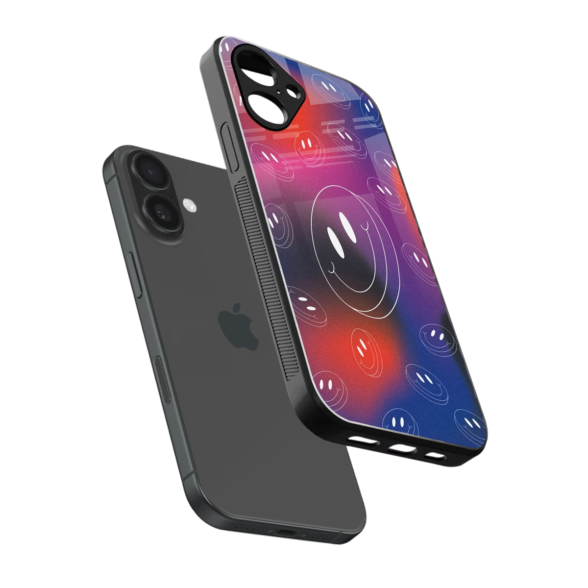 Happy Vibes sleek iPhone 16 cover with tempered glass back and TPU edges