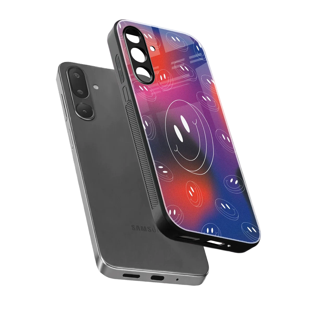 Happy Vibes sleek samsung galaxy m36 5g cover with tempered glass back and TPU edges
