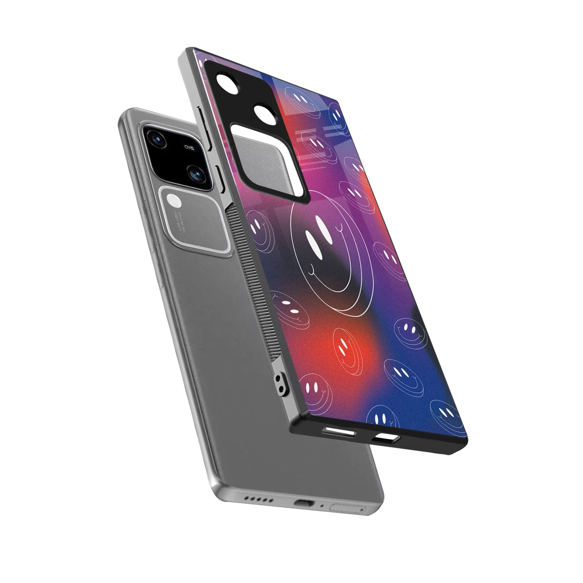 Happy Vibes sleek vivo v30 cover with tempered glass back and TPU edges