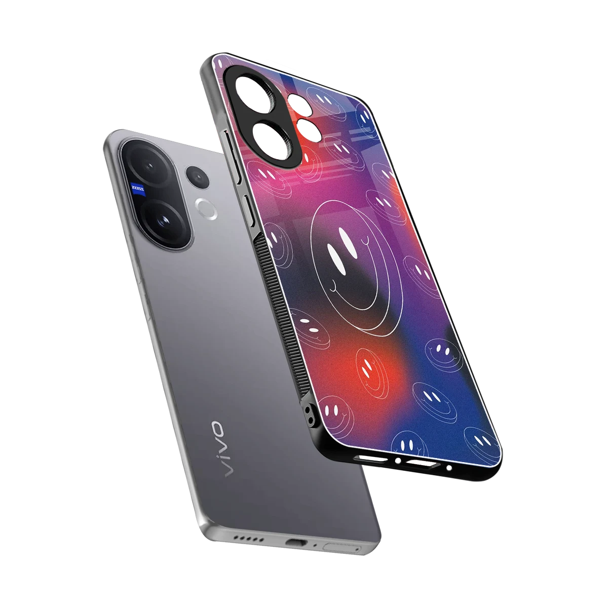 Happy Vibes sleek vivo v60 cover with tempered glass back and TPU edges