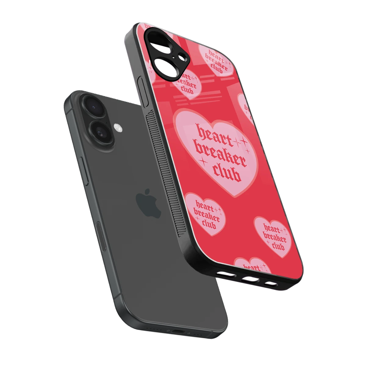 Heart Breaker Club sleek iPhone 16 cover with tempered glass back and TPU edges