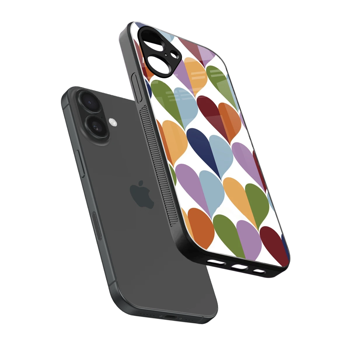 Heart Splash sleek iPhone 16 cover with tempered glass back and TPU edges