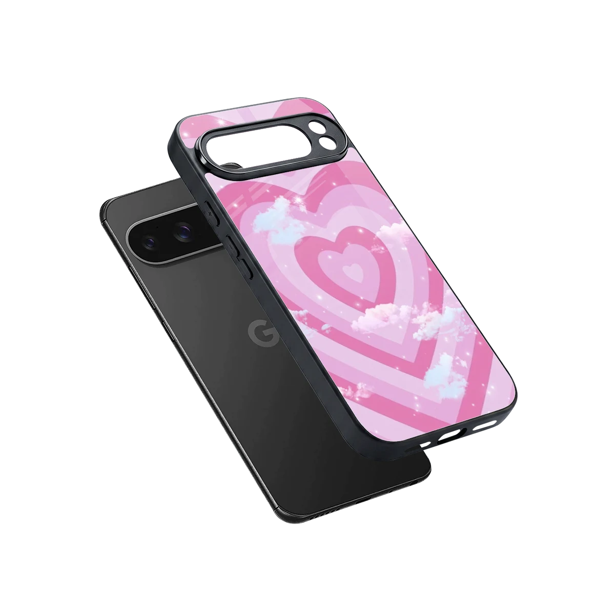 Hearts X Clouds sleek google pixel 10 pro xl cover with tempered glass back and TPU edges