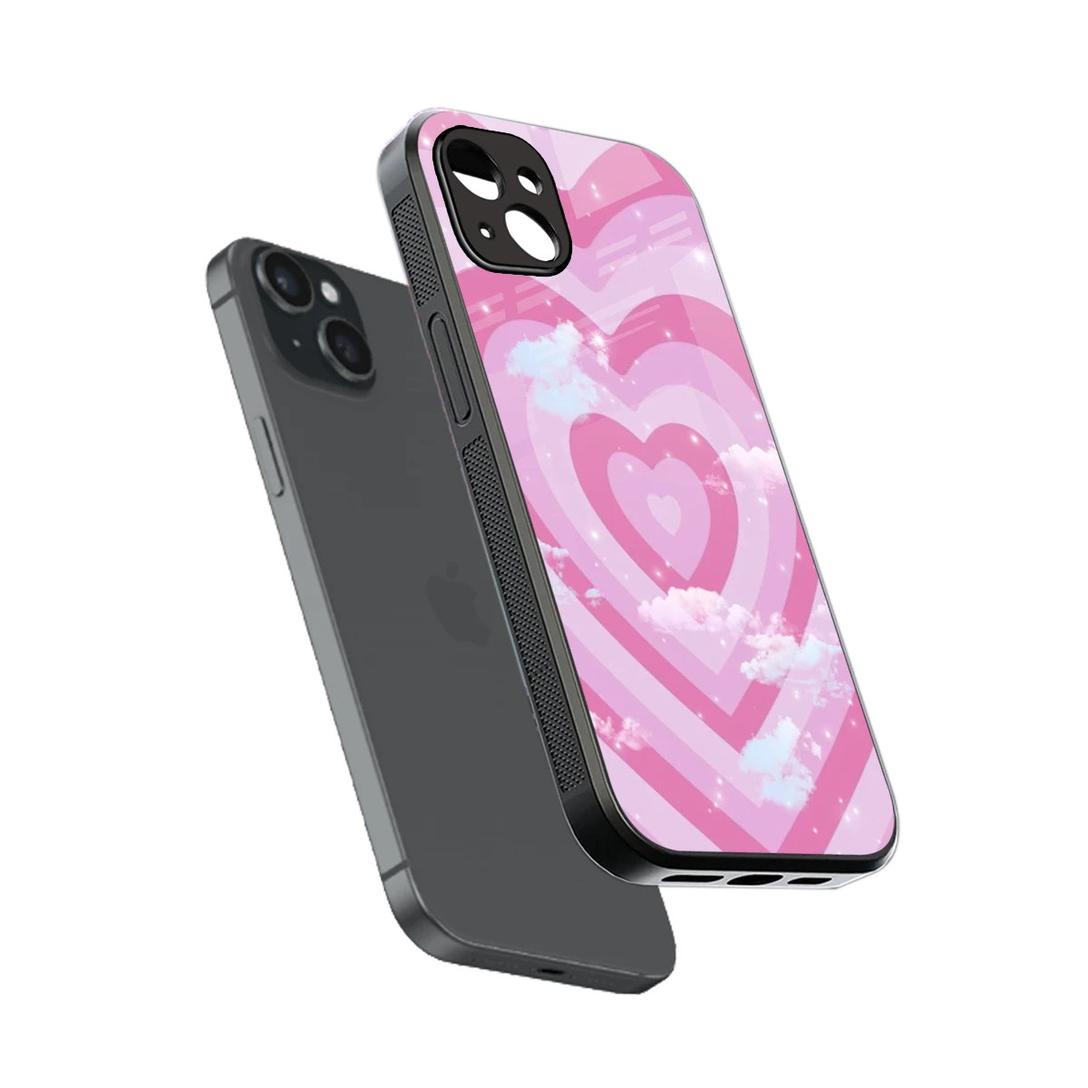 Hearts X Clouds sleek iphone 14 plus cover with tempered glass back and TPU edges