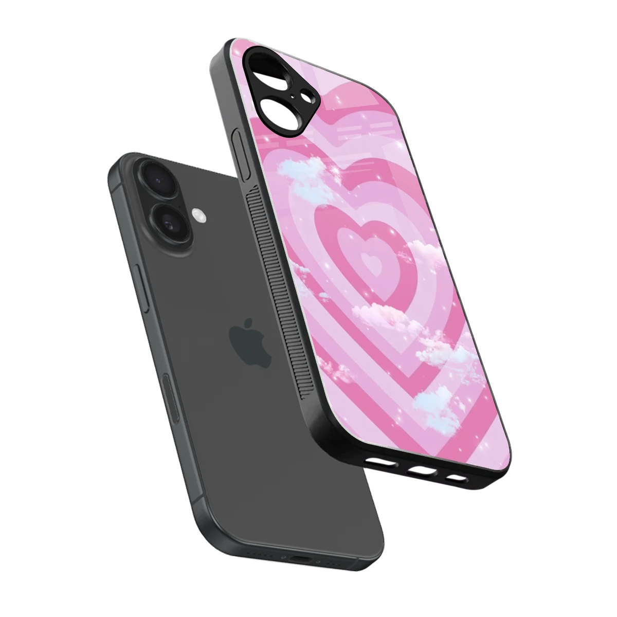 Hearts X Clouds sleek iPhone 16 cover with tempered glass back and TPU edges