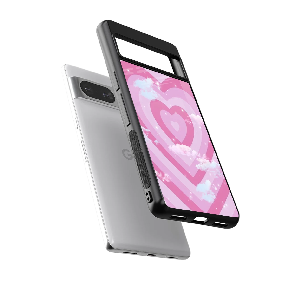 Hearts X Clouds sleek google pixel 8 cover with tempered glass back and TPU edges
