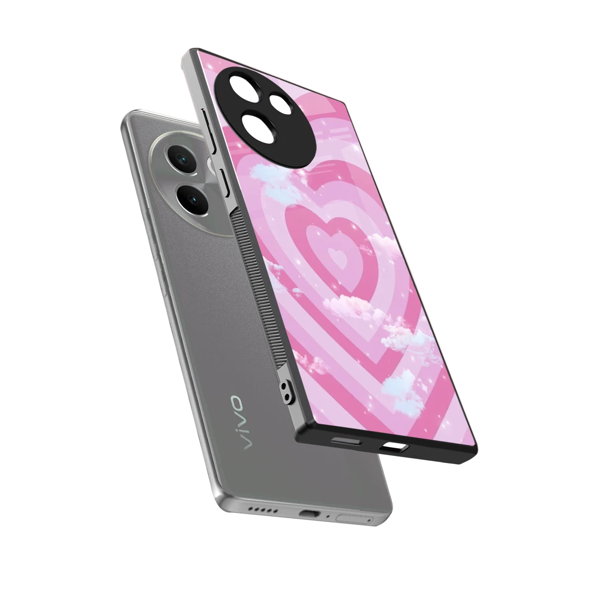 Hearts X Clouds sleek vivo v30e cover with tempered glass back and TPU edges