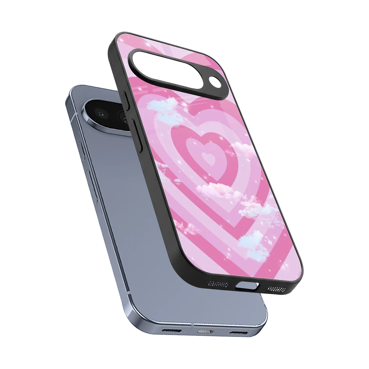 Hearts X Clouds sleek google pixel 10 cover with tempered glass back and TPU edges