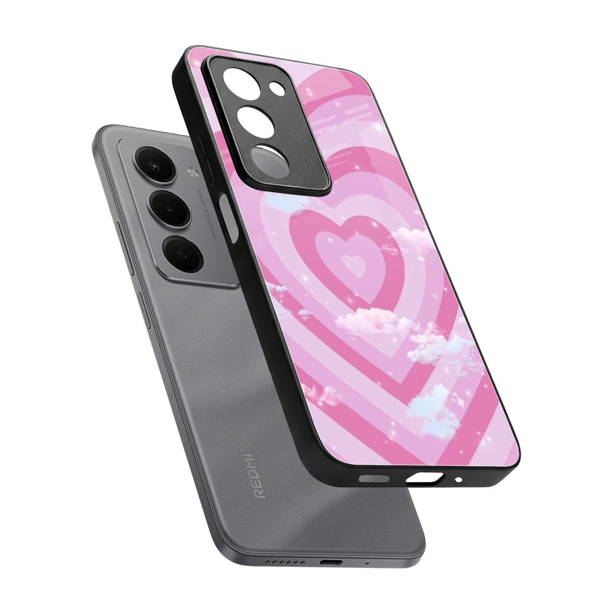 Hearts X Clouds sleek redmi 15 5g cover with tempered glass back and TPU edges
