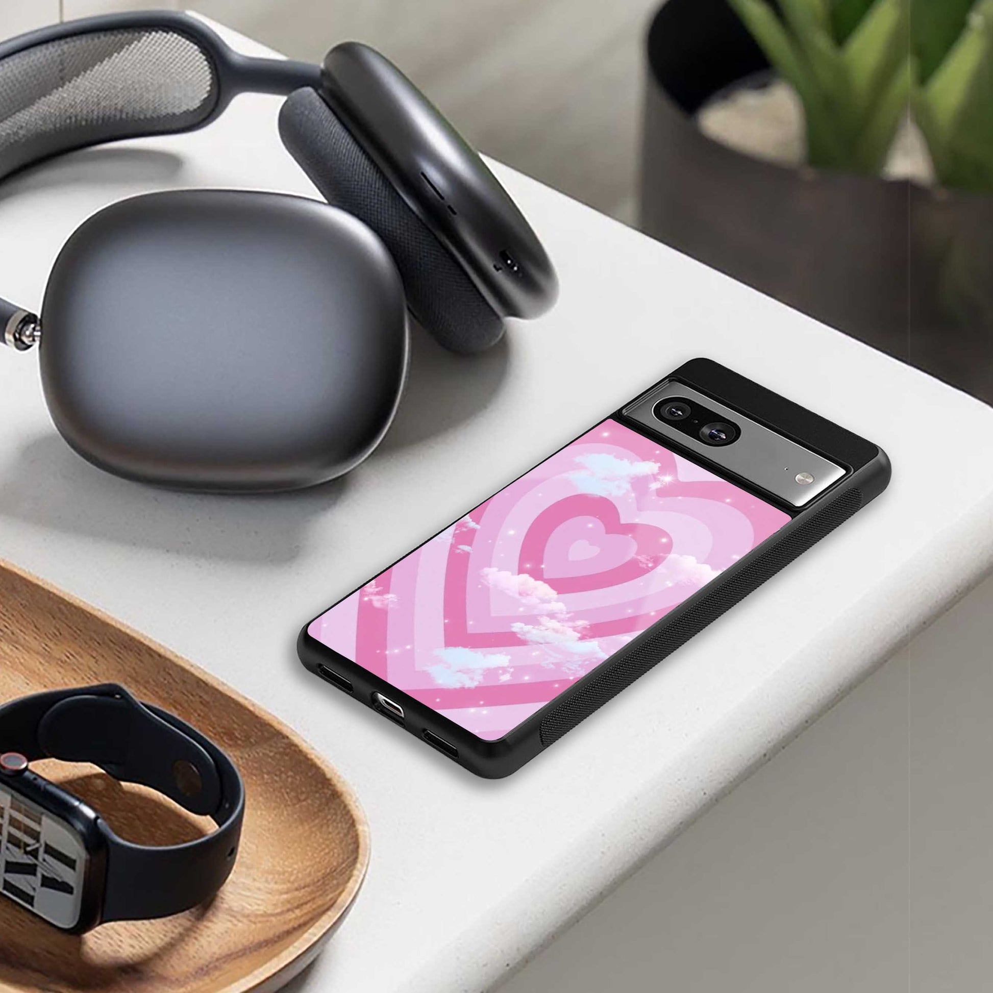 Hearts X Clouds designer iPhone 16 phone cover | glossy finish with glass back