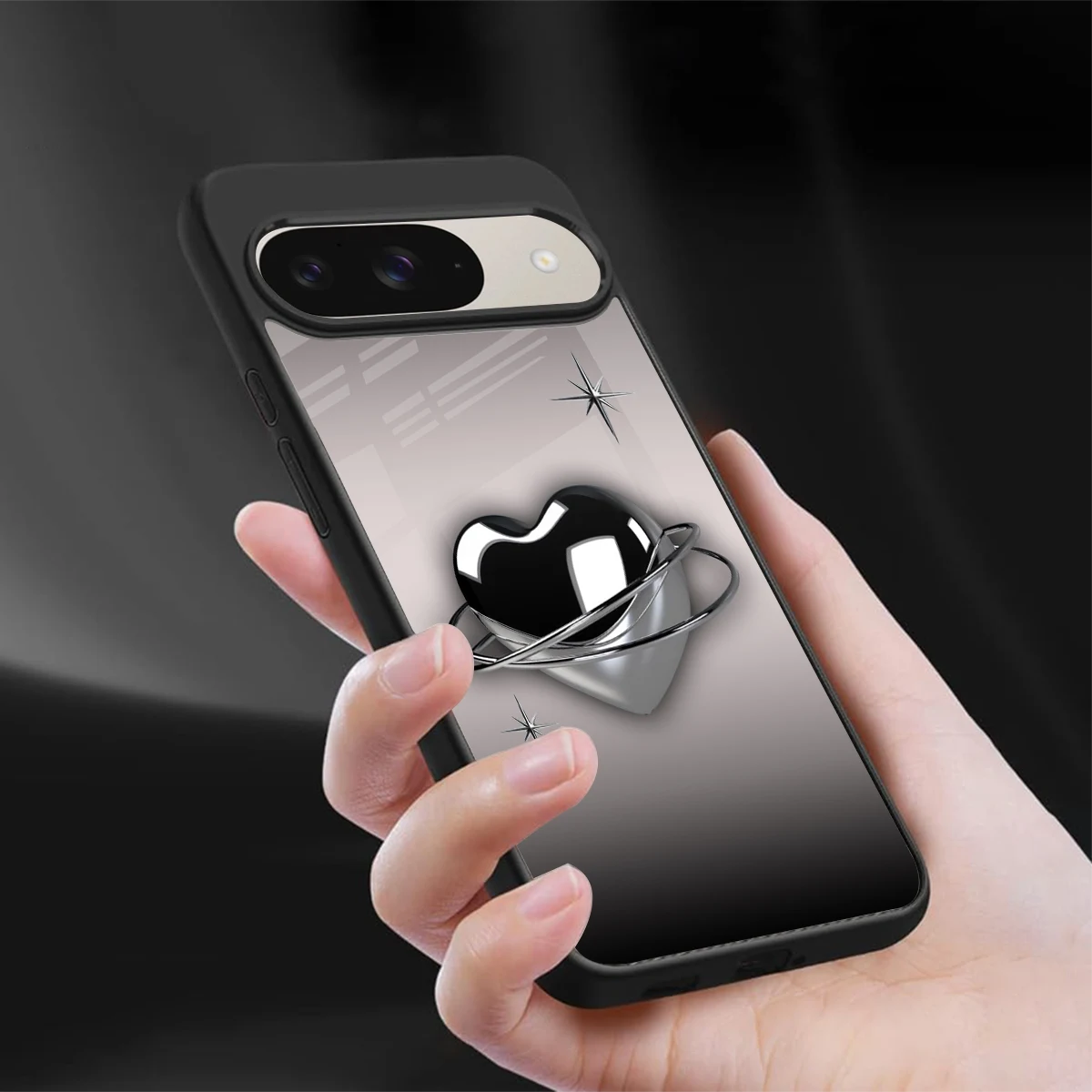 Holo Heart sleek google pixel 9 cover with tempered glass back and TPU edges