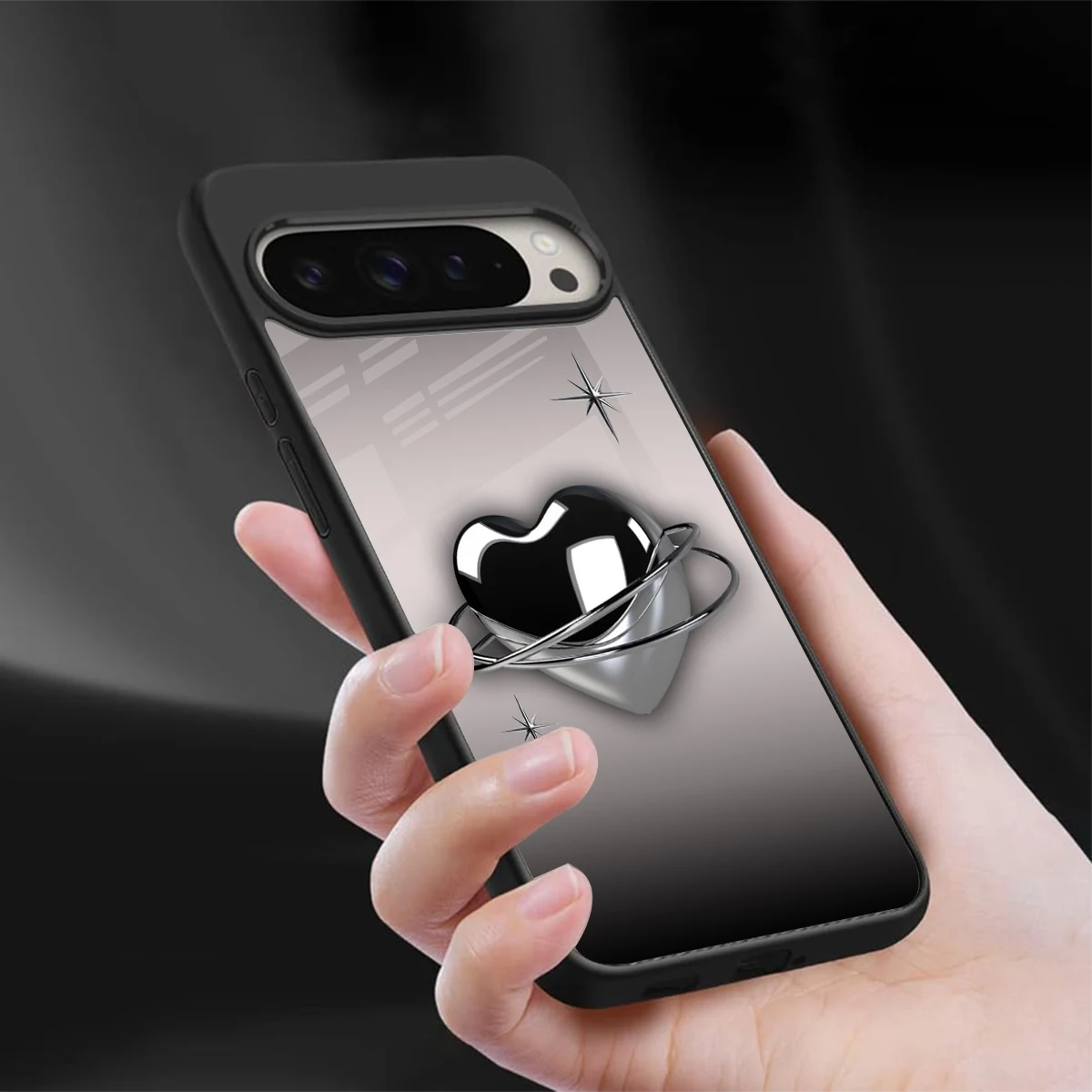 Holo Heart sleek google pixel 9 pro cover with tempered glass back and TPU edges