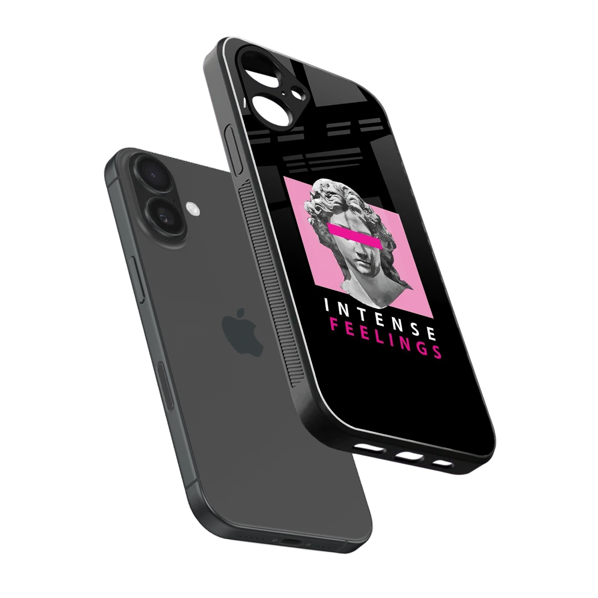 Intense Feelings sleek iPhone 16 cover with tempered glass back and TPU edges