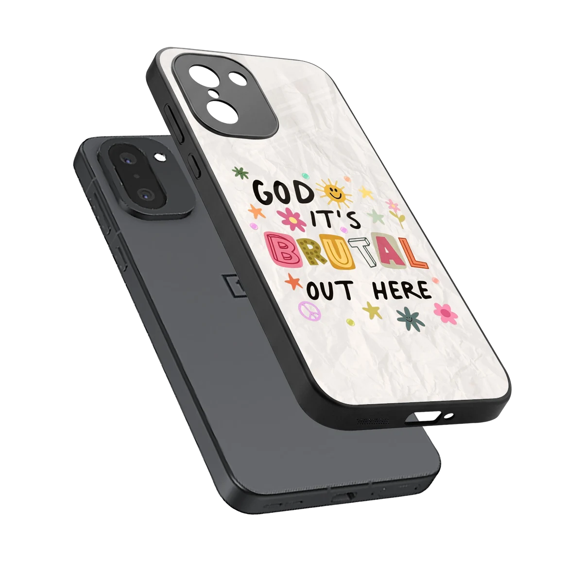 It's Brutal Out Here sleek oneplus 15r cover with tempered glass back and TPU edges