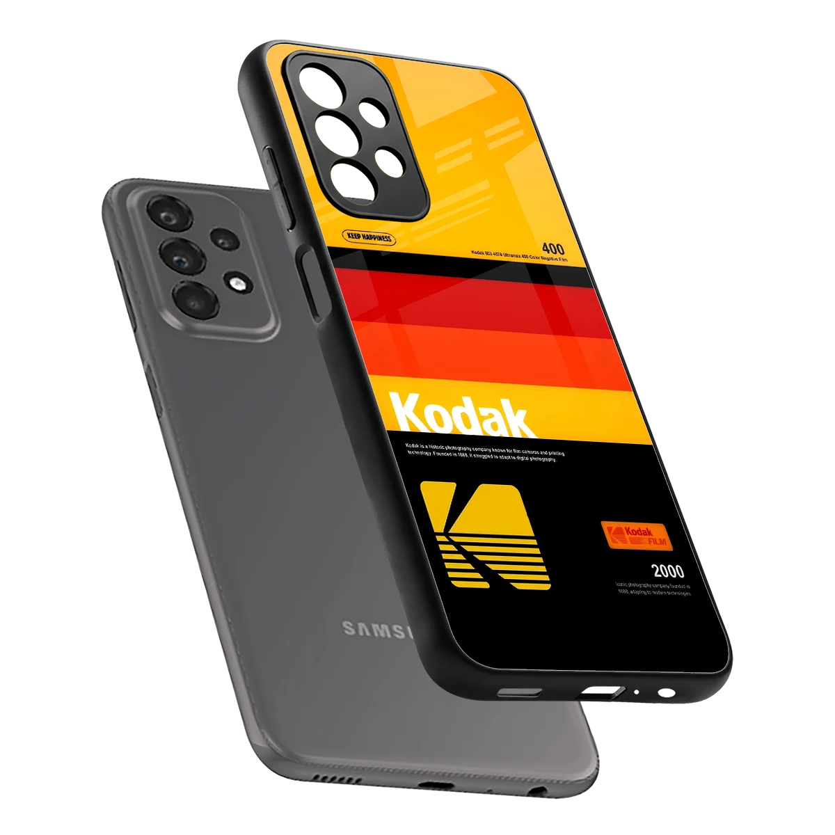 Keep Happiness Yellow sleek samsung galaxy a23 cover with tempered glass back and TPU edges