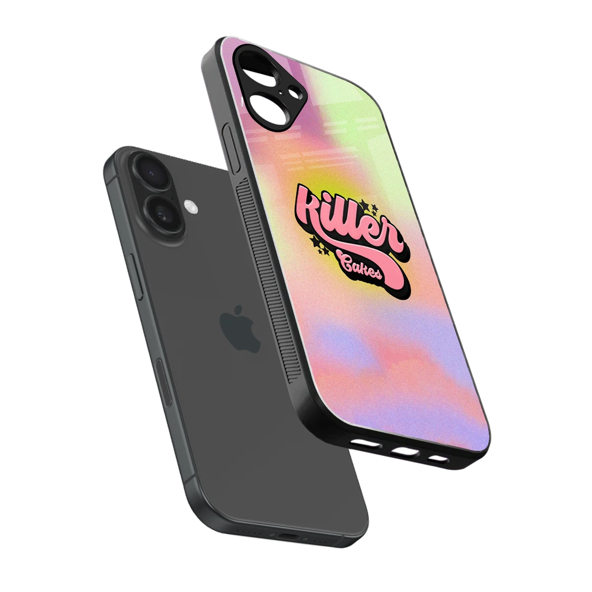 Killer Cakes sleek iPhone 16 cover with tempered glass back and TPU edges
