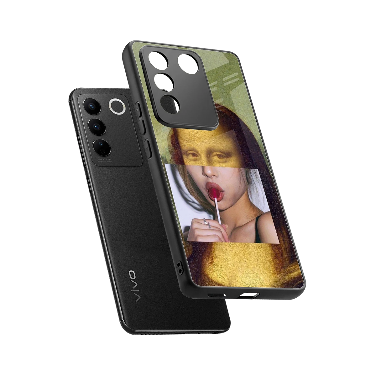 La Mona Lisa sleek vivo v27 5g cover with tempered glass back and TPU edges
