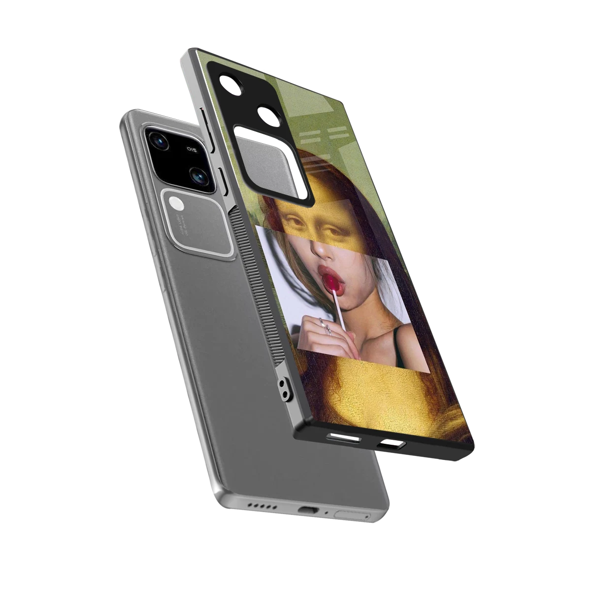 La Mona Lisa sleek vivo v30 cover with tempered glass back and TPU edges