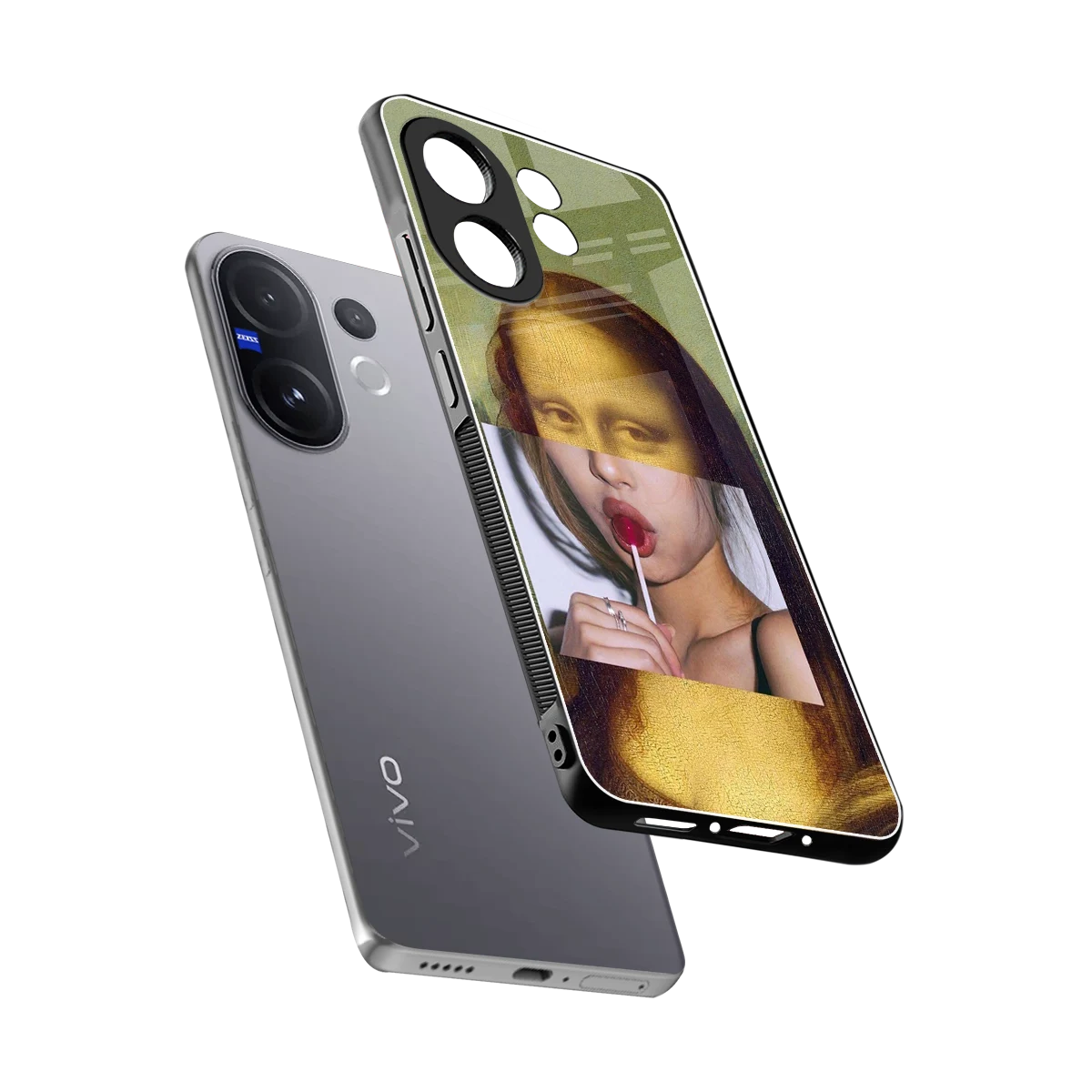 La Mona Lisa sleek vivo v60 cover with tempered glass back and TPU edges
