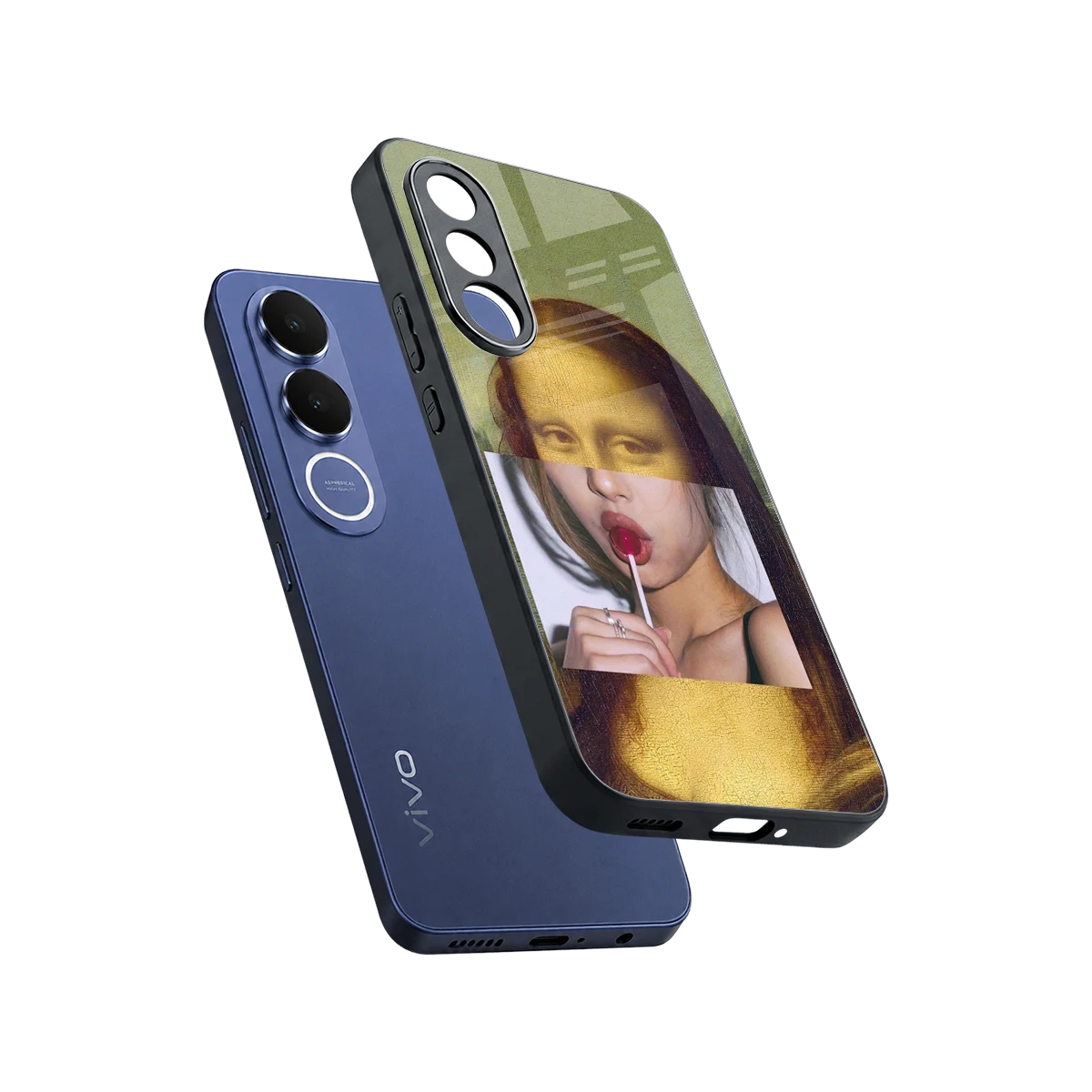 La Mona Lisa sleek vivo v70 fe cover with tempered glass back and TPU edges