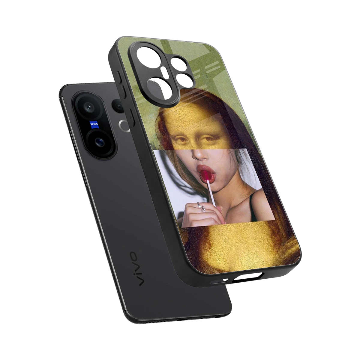 La Mona Lisa sleek vivo x200 fe cover with tempered glass back and TPU edges