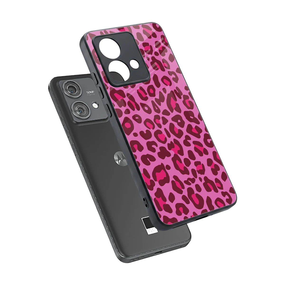 Leopard Pink sleek motorola edge 40 neo 5g cover with tempered glass back and TPU edges