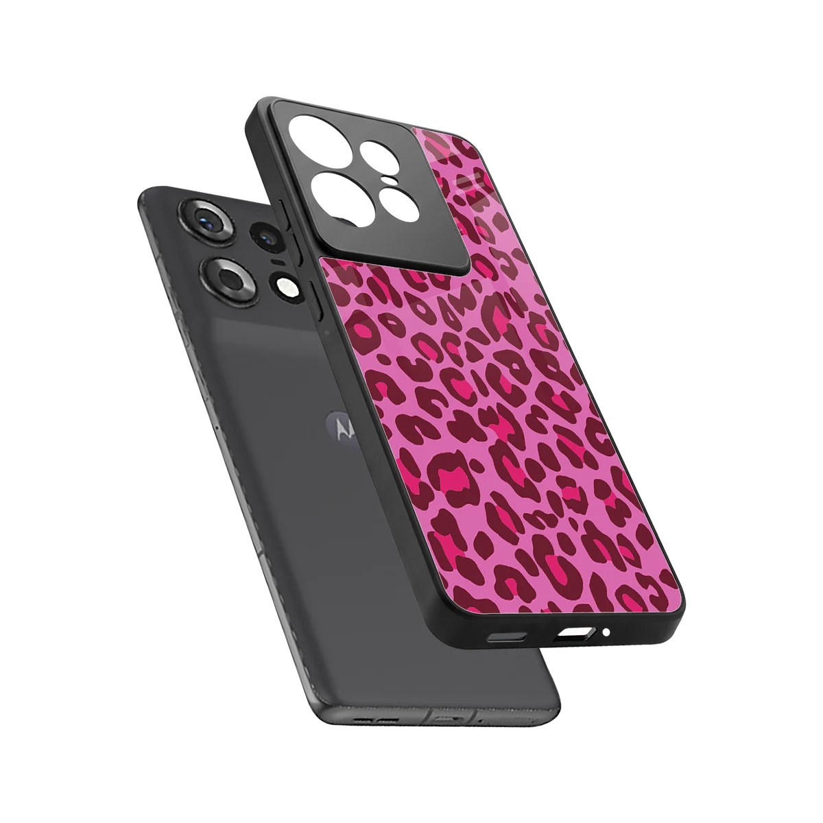 Leopard Pink sleek motorola edge 50 pro cover with tempered glass back and TPU edges