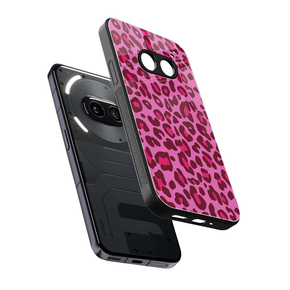 Leopard Pink sleek nothing phone 2a plus cover with tempered glass back and TPU edges