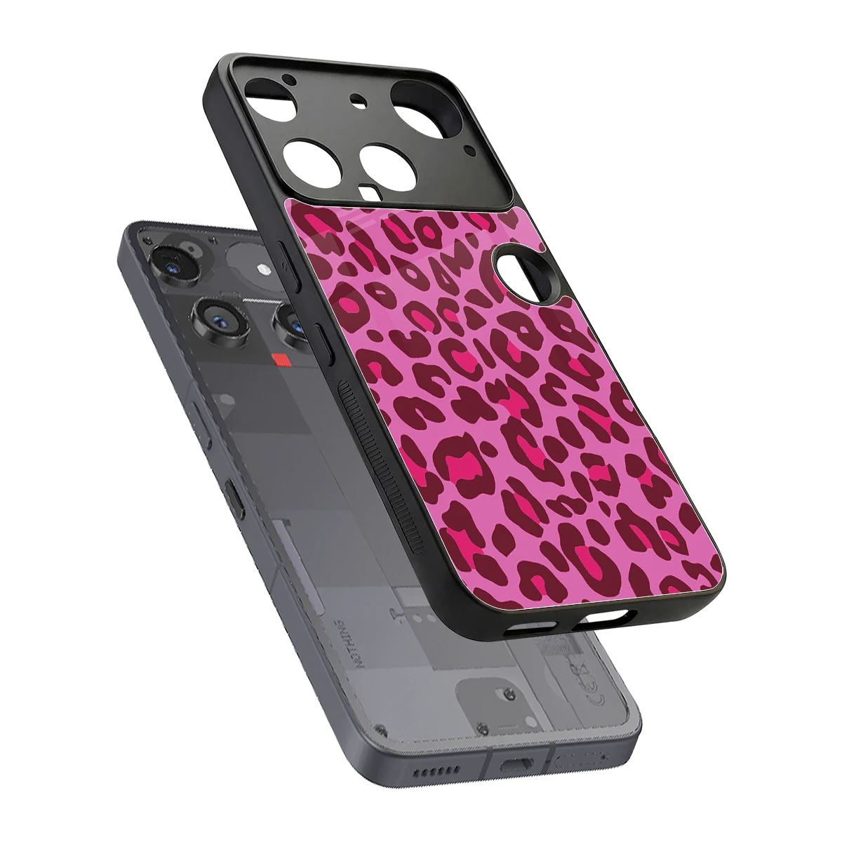 Leopard Pink sleek nothing phone 3 cover with tempered glass back and TPU edges
