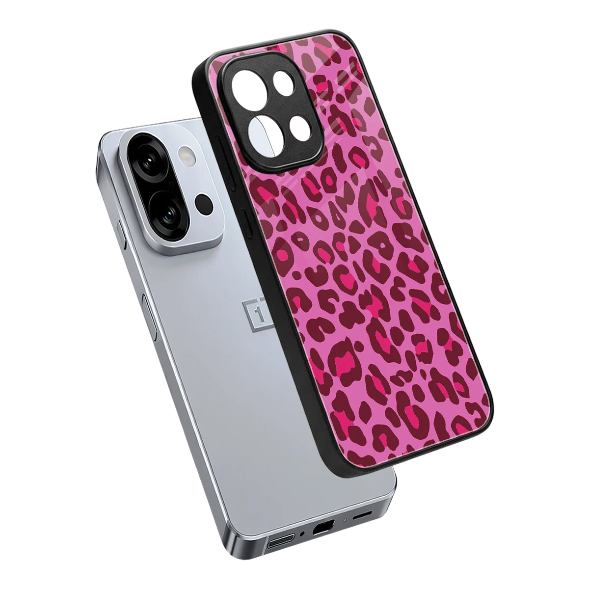 Leopard Pink sleek oneplus 13s cover with tempered glass back and TPU edges