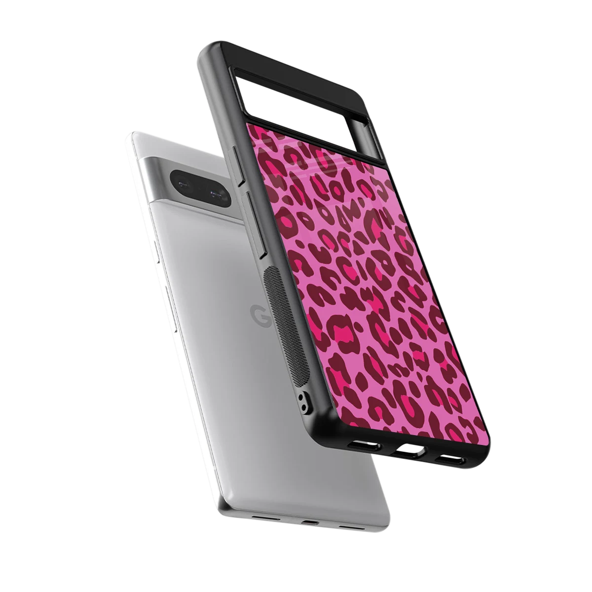 Leopard Pink sleek google pixel 7a cover with tempered glass back and TPU edges